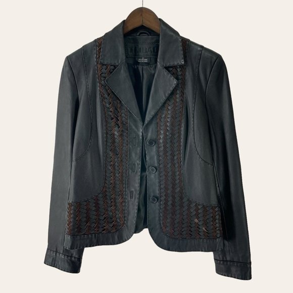 TRIBAL Black Leather Brown Weave‎ Jacket - Picture 1 of 7
